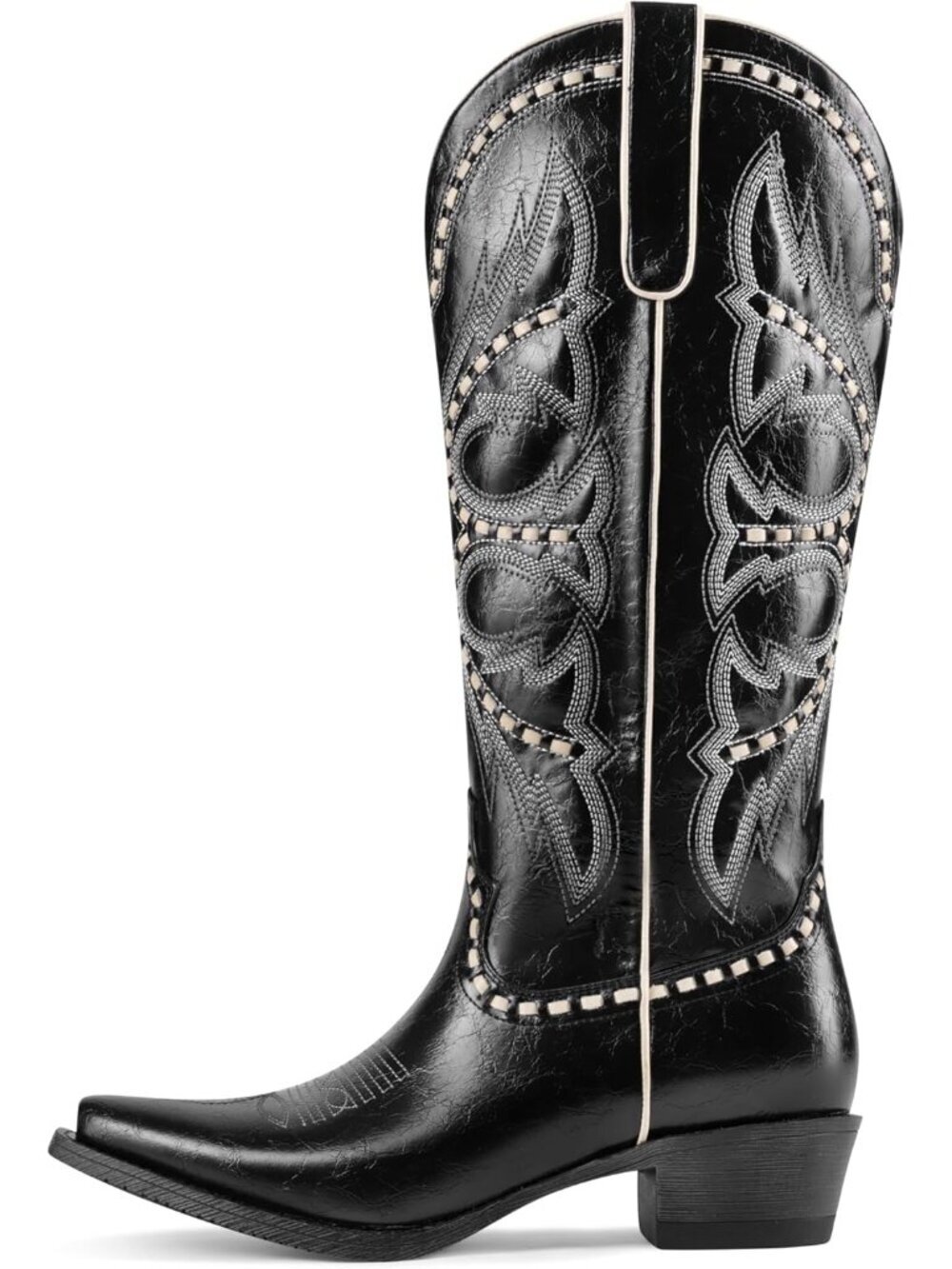 Women’s Black Faux Leather Knee High  Square Toe Chunky Low Heel Cowgirl Boots - Picture 5 of 6